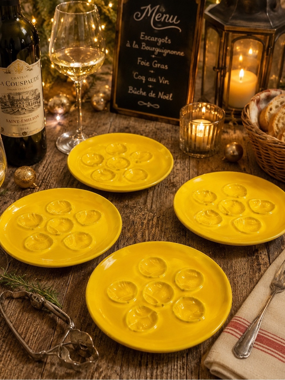 Yellow Escargot Plates Set of 4 Ceramic Serving Plates
